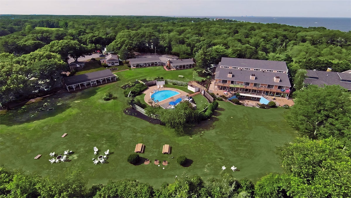 Aerial drone view of The Island Inn resort grounds in Oak Bluffs, Martha's Vineyard